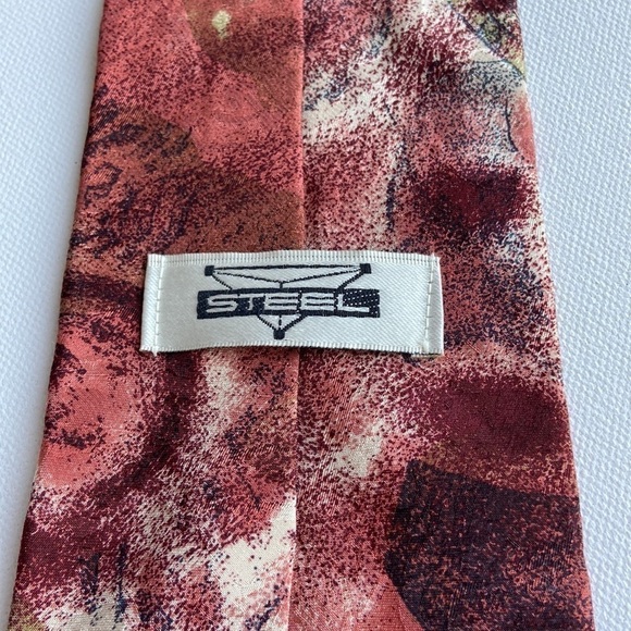 𝅺steel Vintage 90s Silk Burgundy Rose Navy Tie - Picture 2 of 6